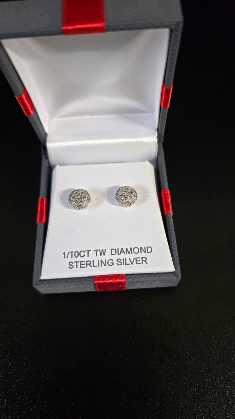 1/10 CT TW Diamond Cluster Stud Earrings 925 Sterling Silver New Gift Box
